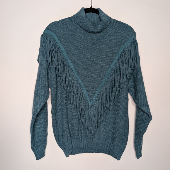 Miss Sparkling Fringe Turtleneck Sweater Boho Western Teal Medium - Picture 2 of 5